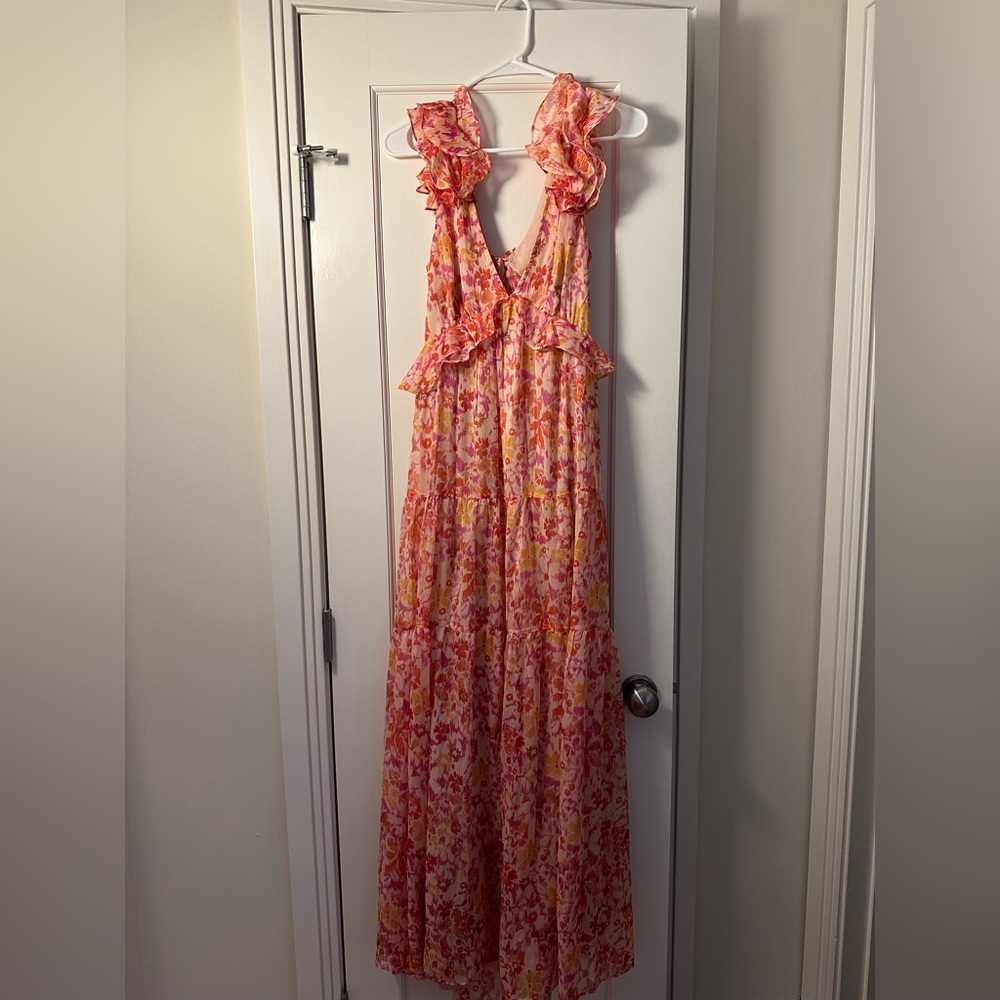 Bloomingdales Aqua — Pink and Yellow floral long b-neck dress